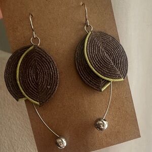 Artisan Made Natural Geo Brown Silver Tone Leaf Earrings